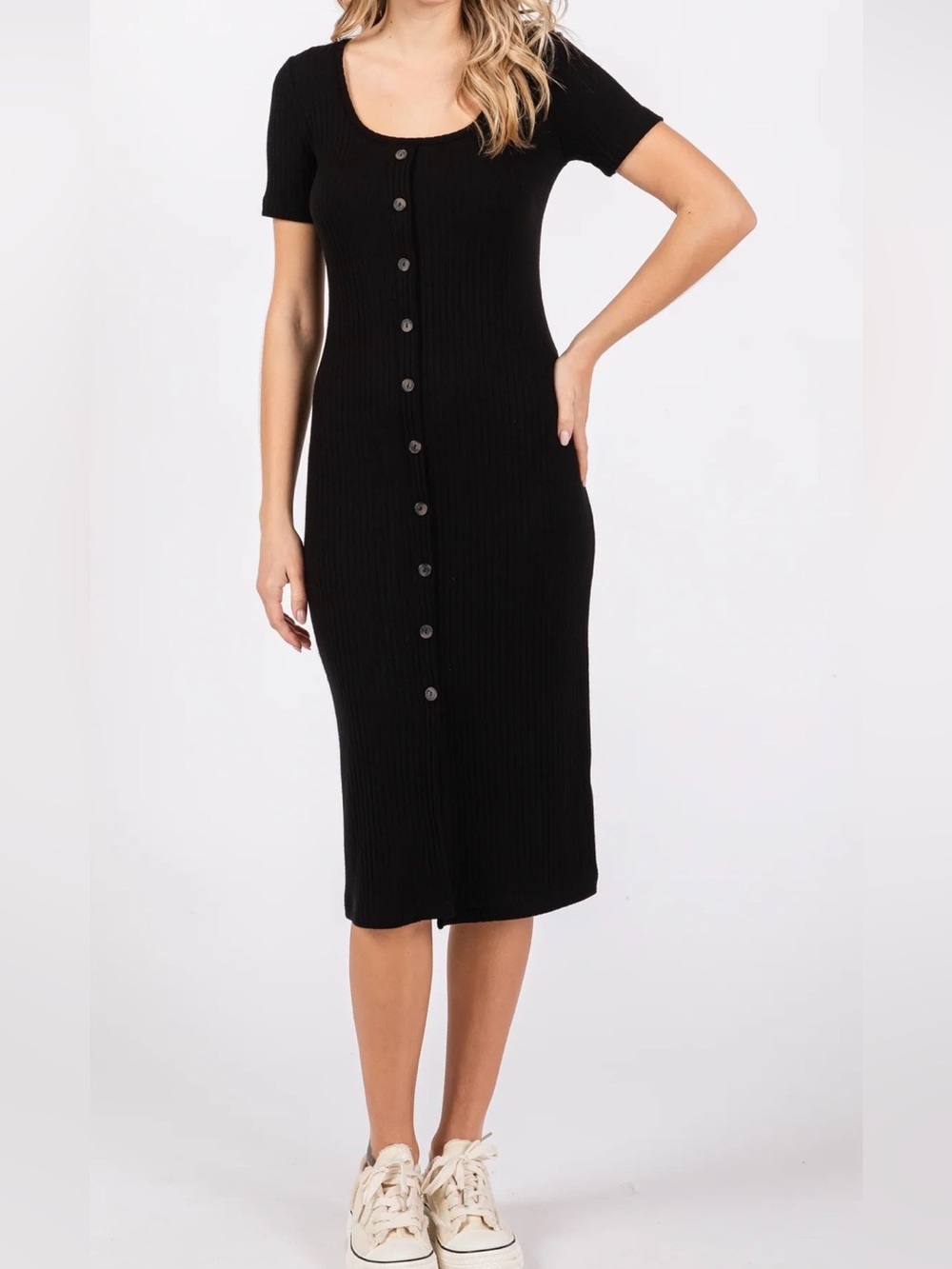 Hippie Rose Black Ribbed Button-Down Midi Dress